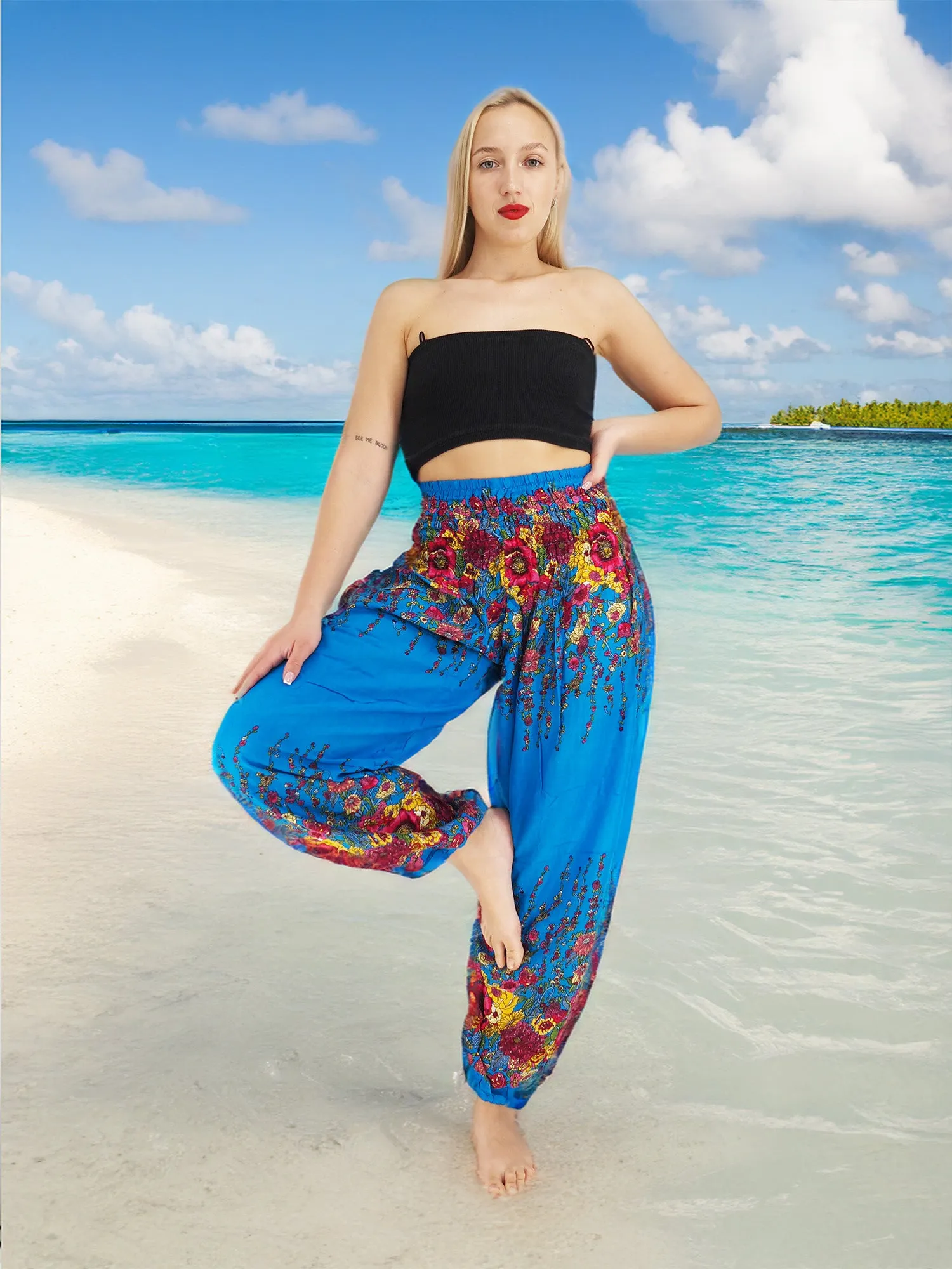 Unisex Harem Yoga Hippie Boho Pants Blue And Red Floral Print L