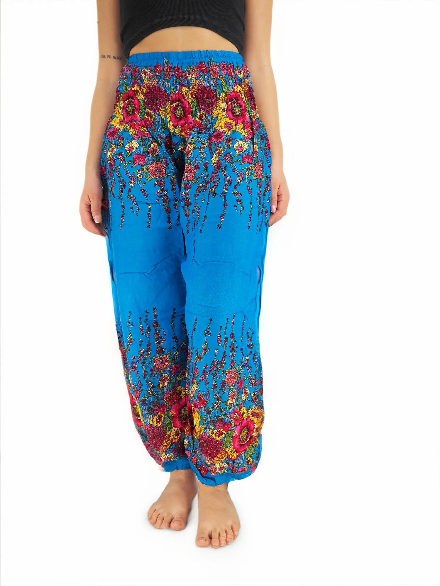 Unisex Harem Yoga Hippie Boho Pants Blue And Red Floral Print L