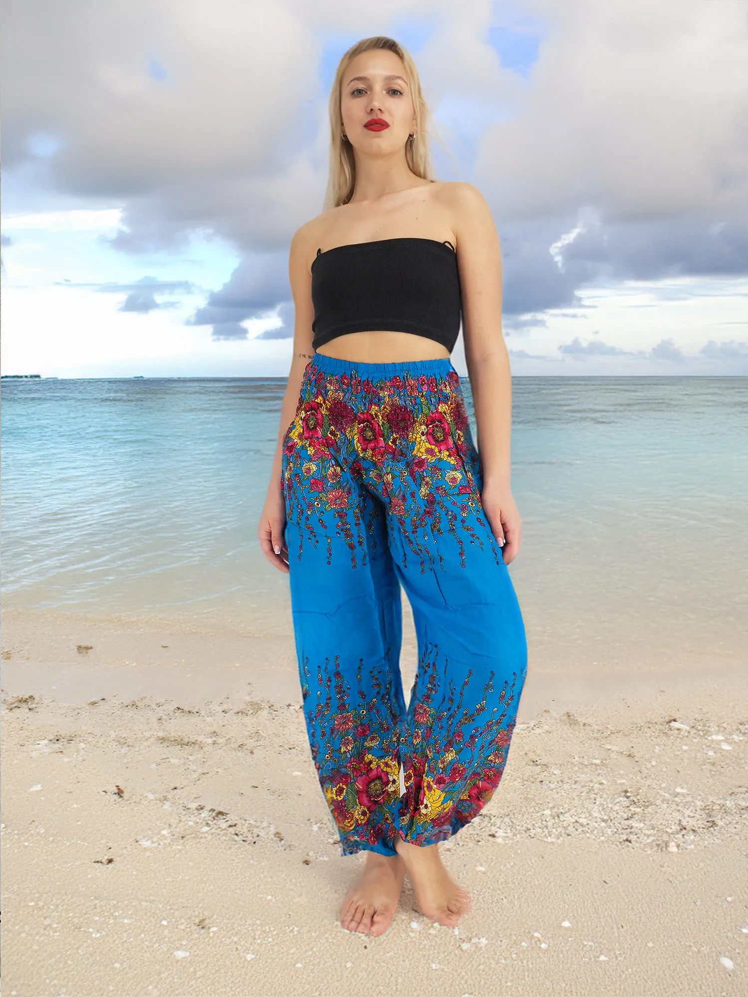 Unisex Harem Yoga Hippie Boho Pants Blue And Red Floral Print L