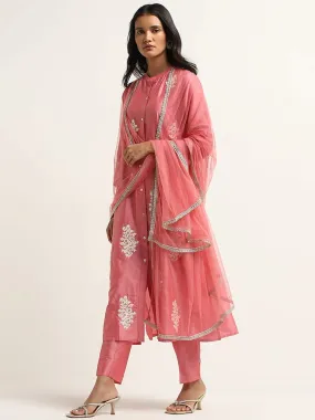 Vark Pink Floral A-Line Kurta, Mid-Rise Ethnic Pants and Dupatta Set