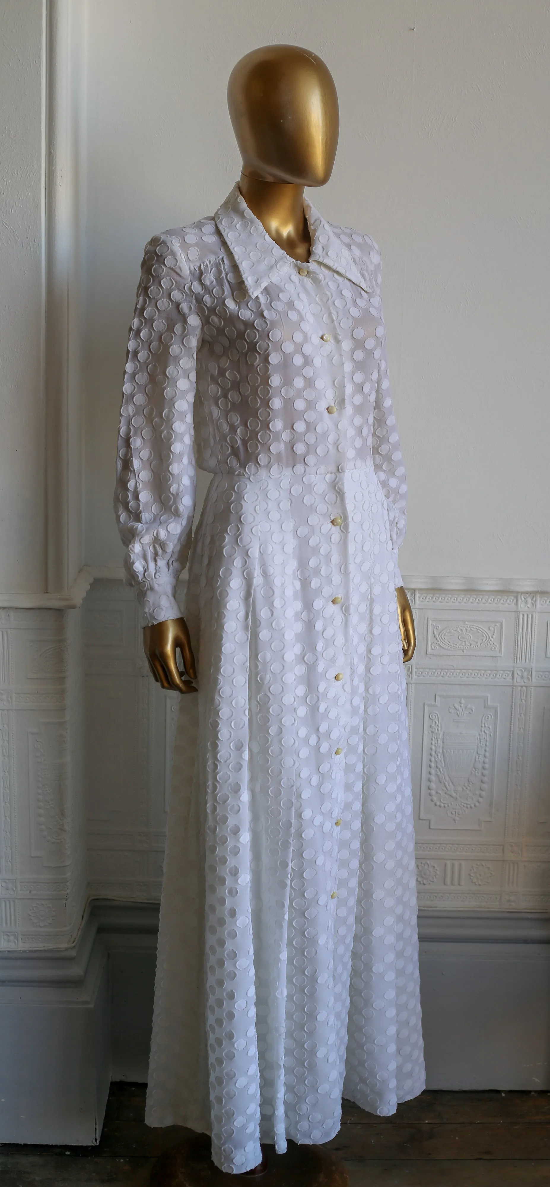 Vintage 1970s White Dot Maxi Dress