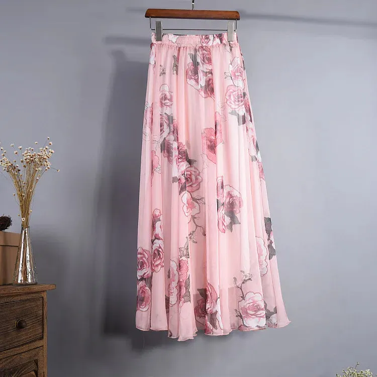 Vintage Bohemian Long Skirts Women Elegant Chiffon Saia Harajuku Beach High Waist Long Skirt Woman Clothes Faldas Tutu Vestidos