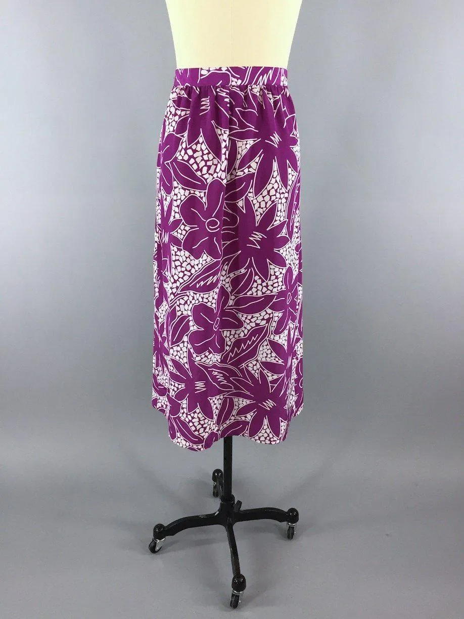 Vintage Midi Skirt / Purple Tropical Floral Print