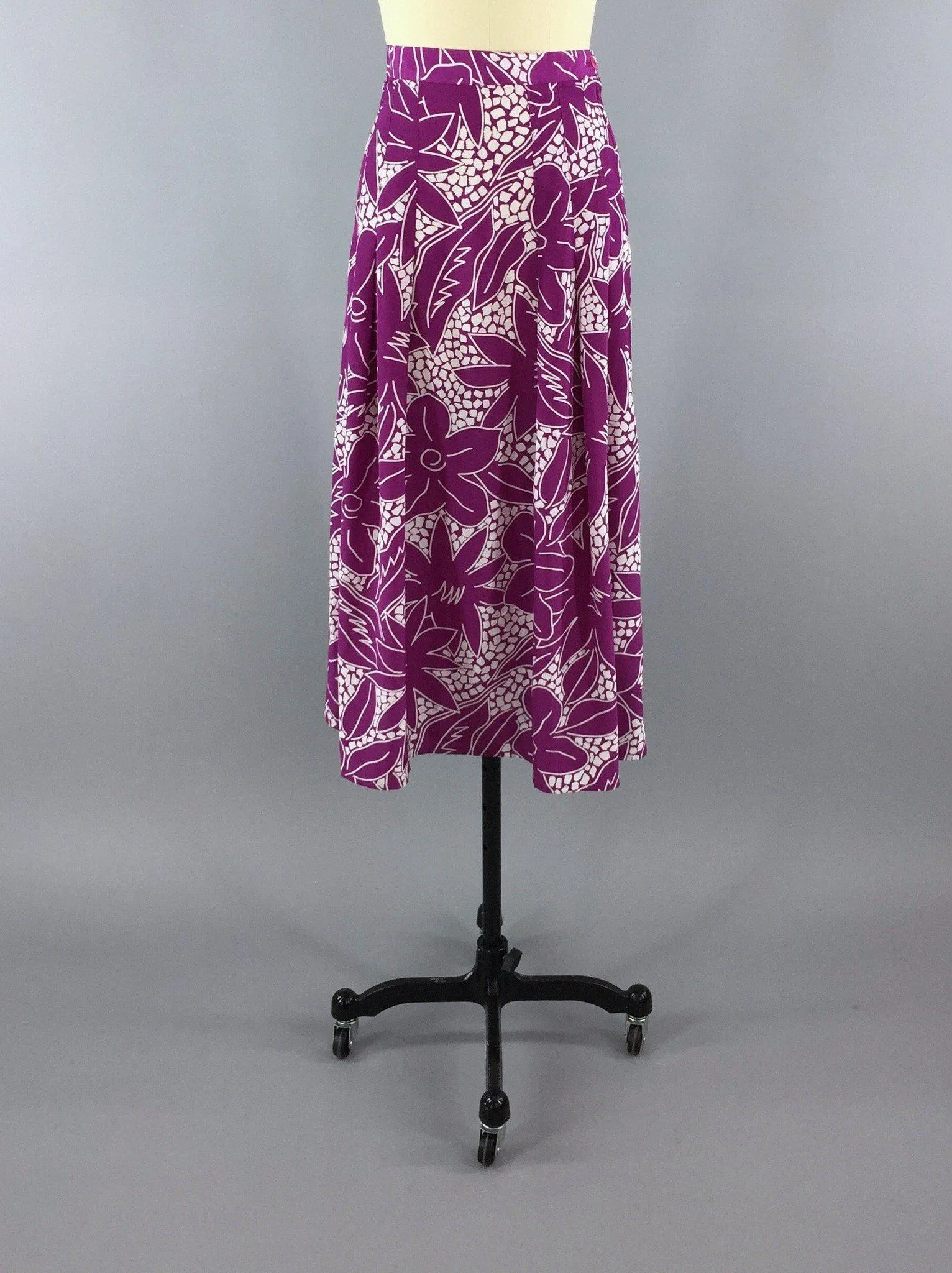 Vintage Midi Skirt / Purple Tropical Floral Print