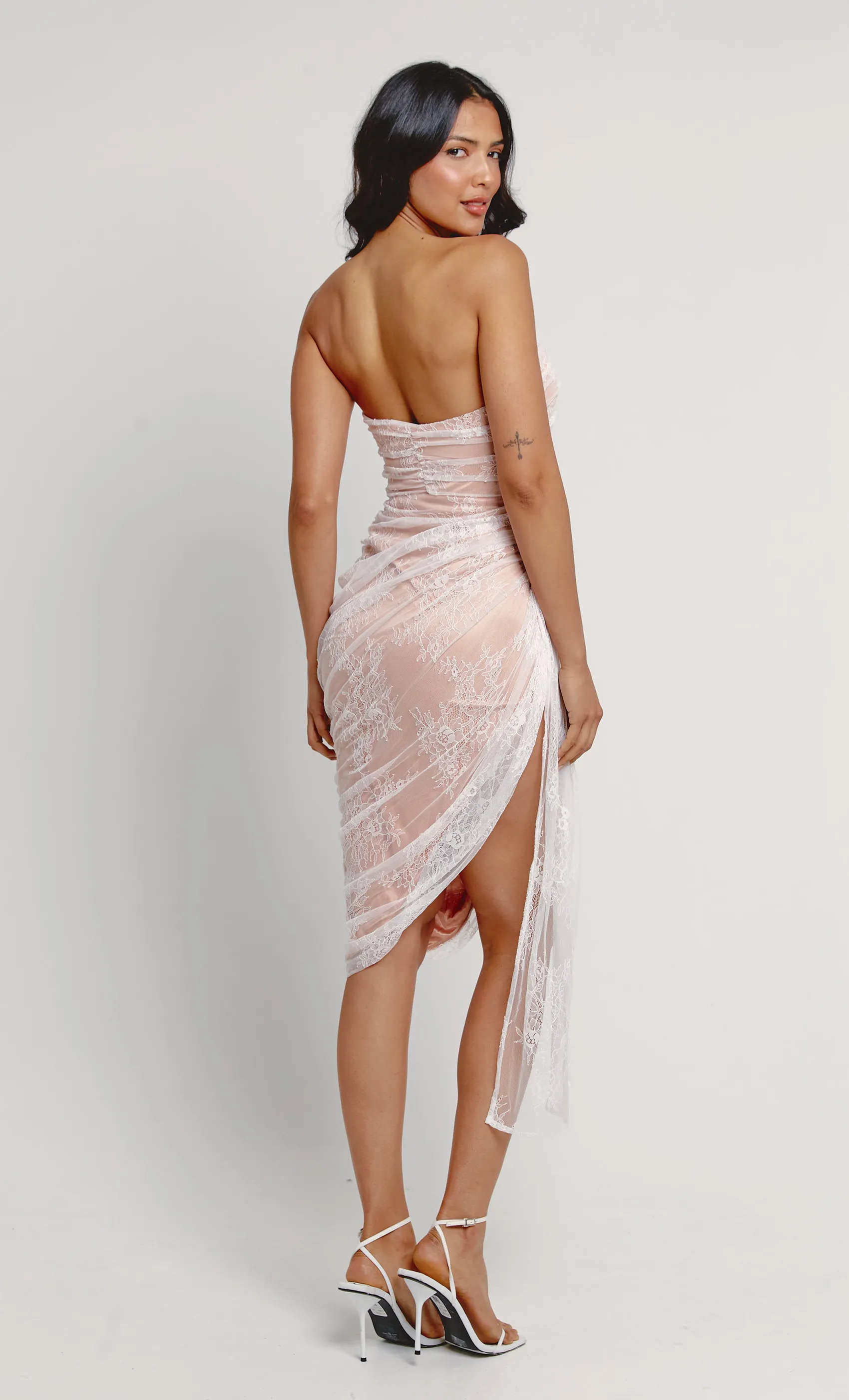 White Lace Drape Midi Dress