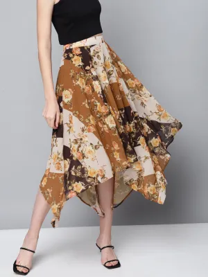 Women Brown Floral Asymmetric Midi Skirt