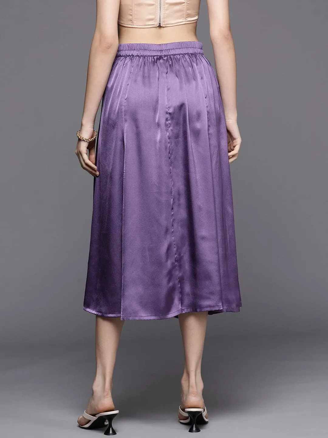 Women Purple Satin Front Slit Flared Midi Skirt