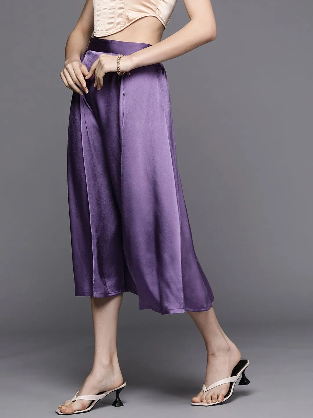 Women Purple Satin Front Slit Flared Midi Skirt