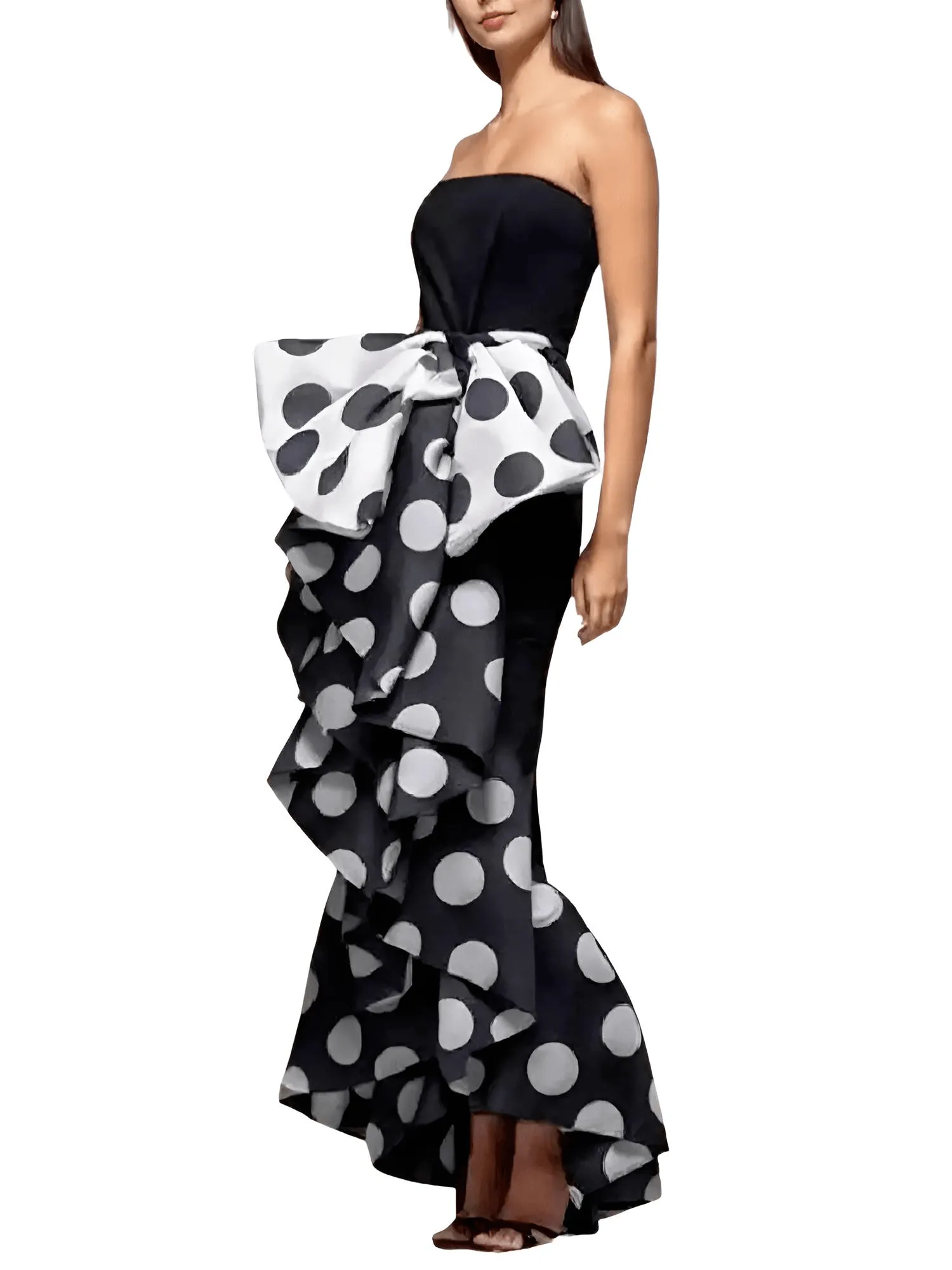 Women's British Style Bow-Embellished Pleated Polka Dot Strapless Dress Sleeveless Elegant Evening Dresses