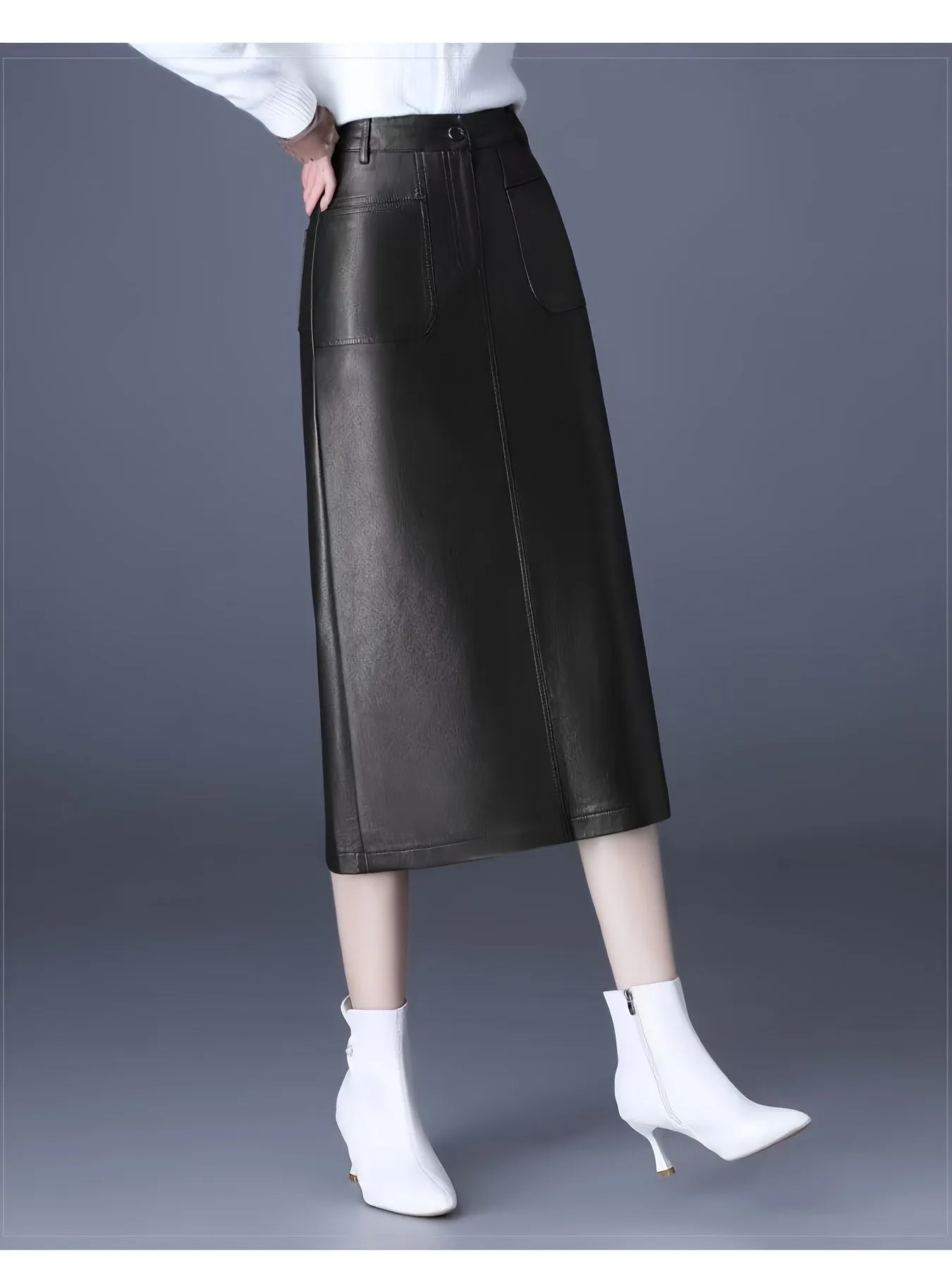 Women's Casual PU Leather Midi Skirt with Back Slit - Polyurethane Solid Color Slight Stretch Regular Fit Long Length for Spring/Summer/Fall