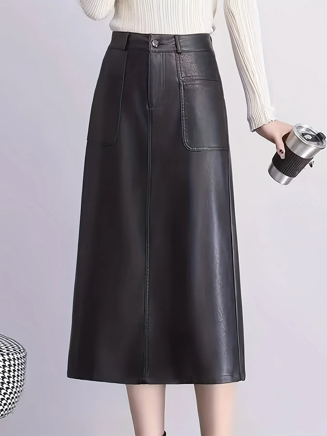 Women's Casual PU Leather Midi Skirt with Back Slit - Polyurethane Solid Color Slight Stretch Regular Fit Long Length for Spring/Summer/Fall