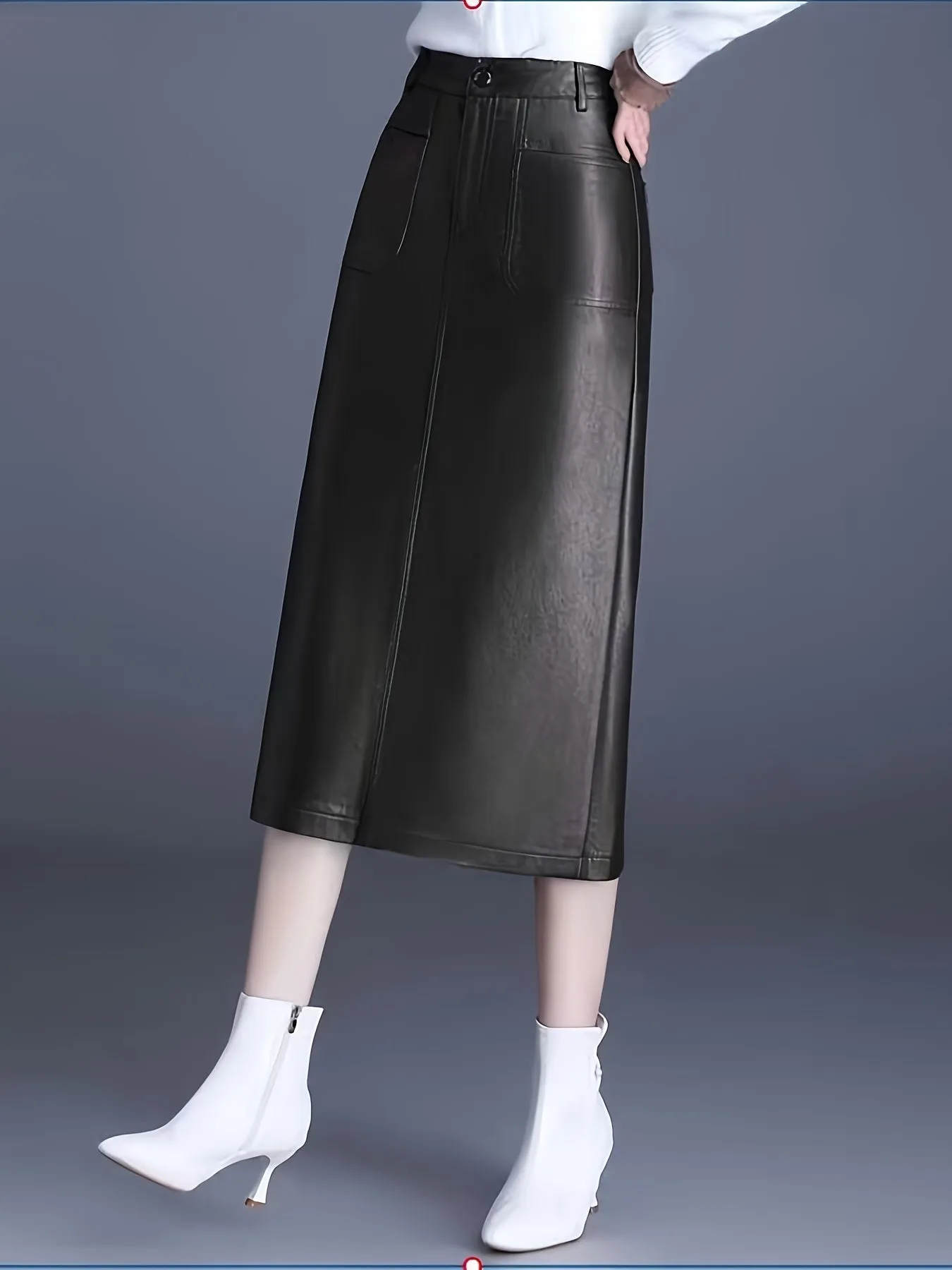 Women's Casual PU Leather Midi Skirt with Back Slit - Polyurethane Solid Color Slight Stretch Regular Fit Long Length for Spring/Summer/Fall