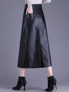 Women's Casual PU Leather Midi Skirt with Back Slit - Polyurethane Solid Color Slight Stretch Regular Fit Long Length for Spring/Summer/Fall