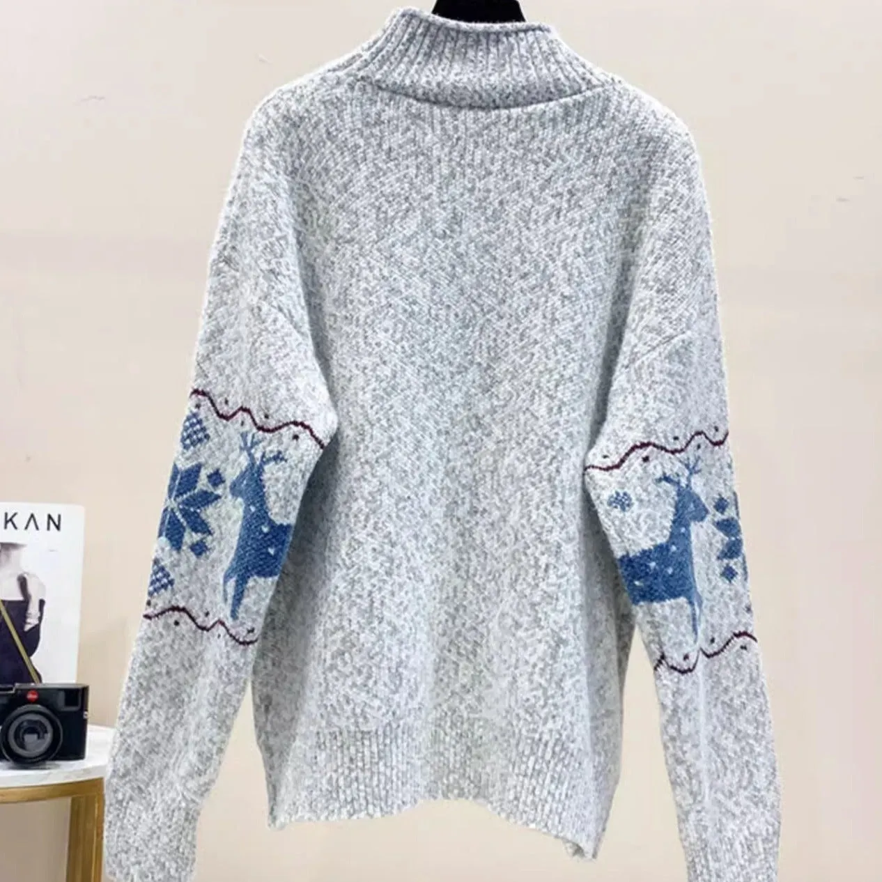 Womens Christmas Cute Deer & Snowflake Half Turtleneck Sweater