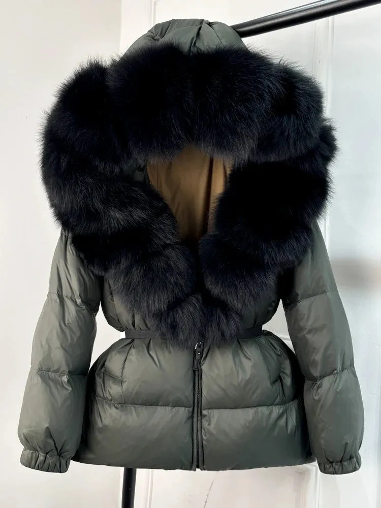 Women's Hooded Puffer Coat with Fox Fur Trim