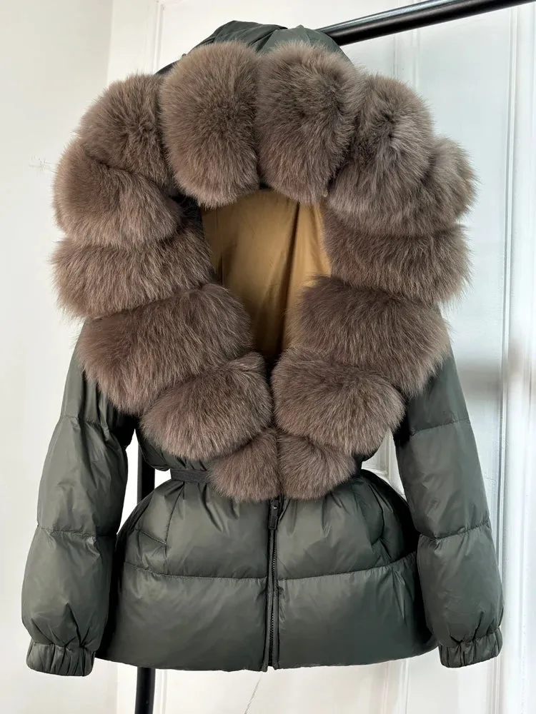 Women's Hooded Puffer Coat with Fox Fur Trim