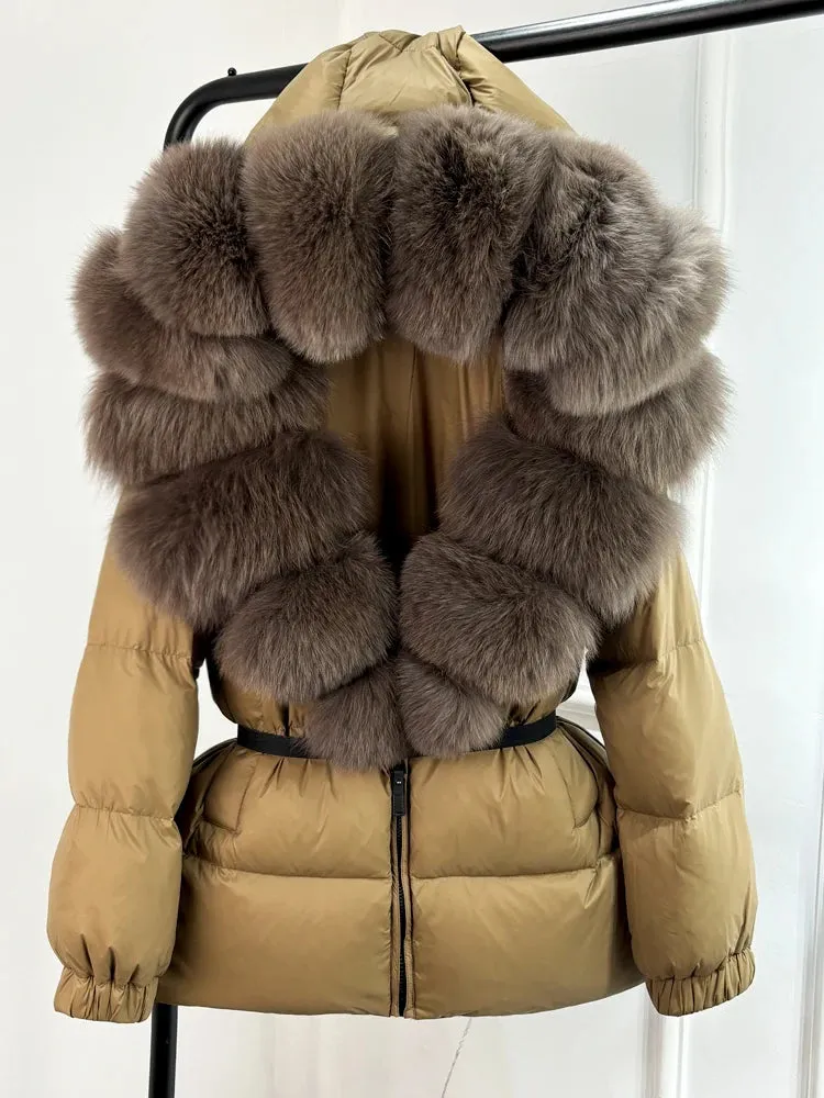 Women's Hooded Puffer Coat with Fox Fur Trim