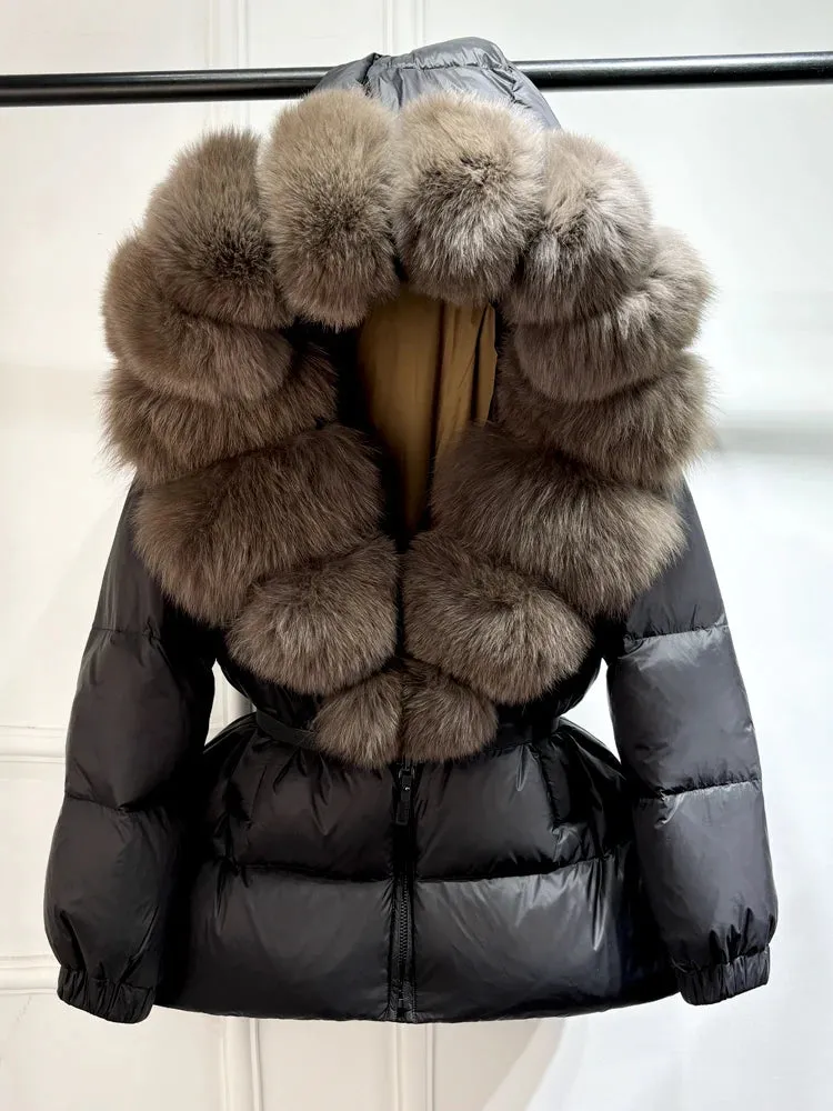 Women's Hooded Puffer Coat with Fox Fur Trim