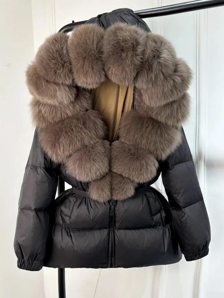 Women's Hooded Puffer Coat with Fox Fur Trim