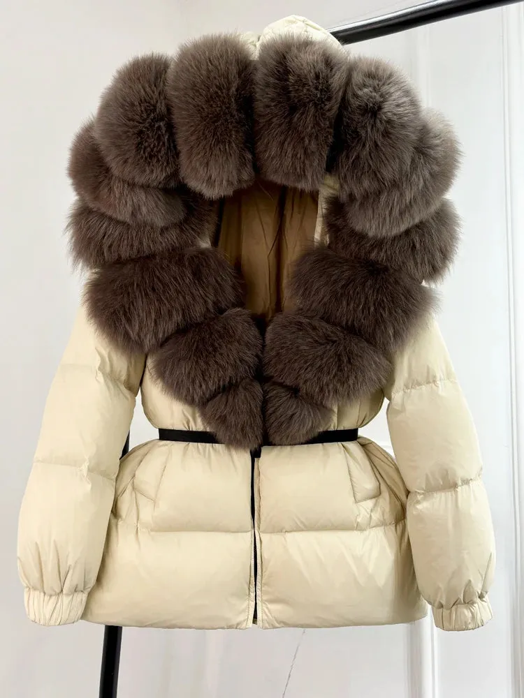 Women's Hooded Puffer Coat with Fox Fur Trim