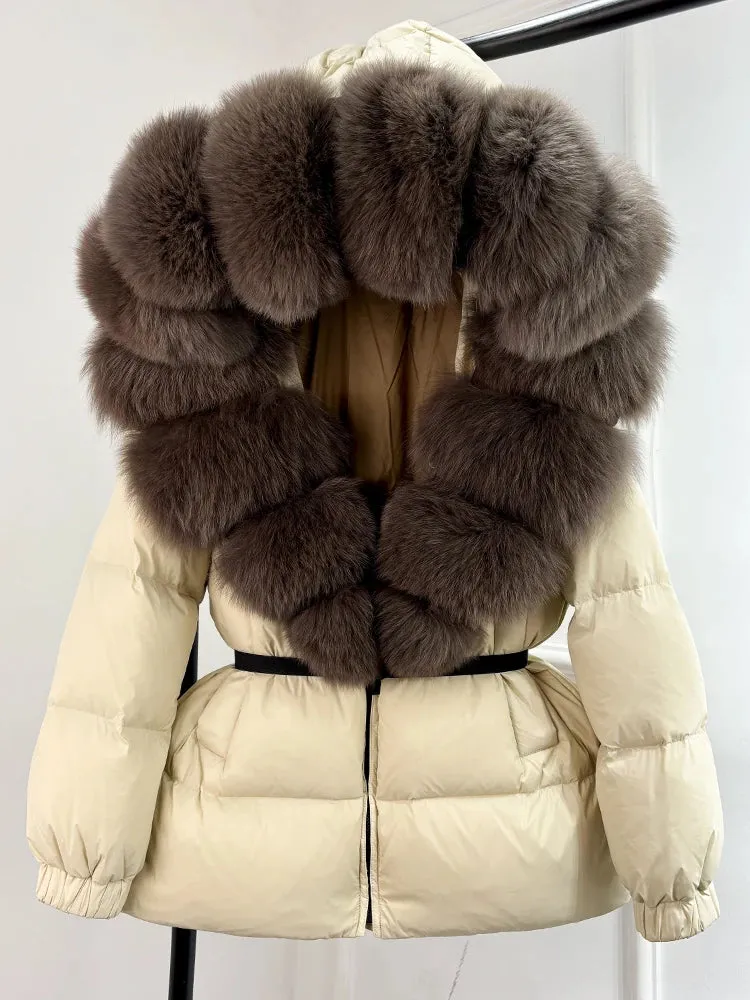 Women's Hooded Puffer Coat with Fox Fur Trim