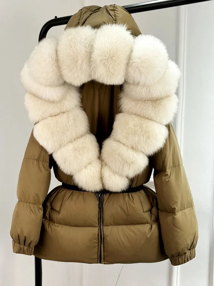 Women's Hooded Puffer Coat with Fox Fur Trim