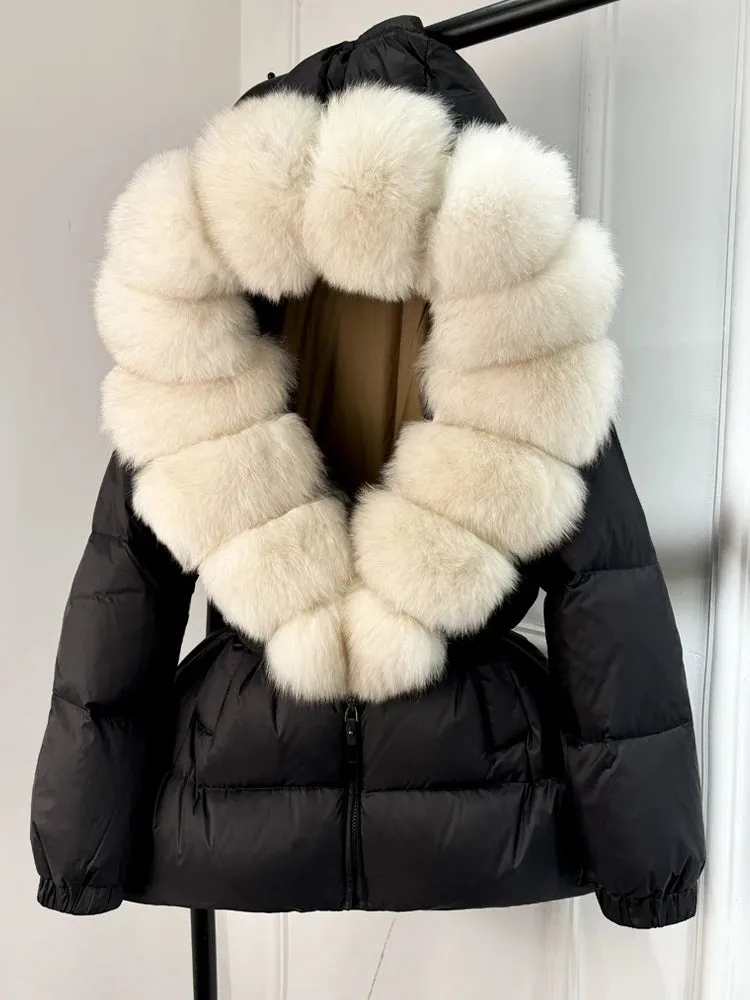 Women's Hooded Puffer Coat with Fox Fur Trim