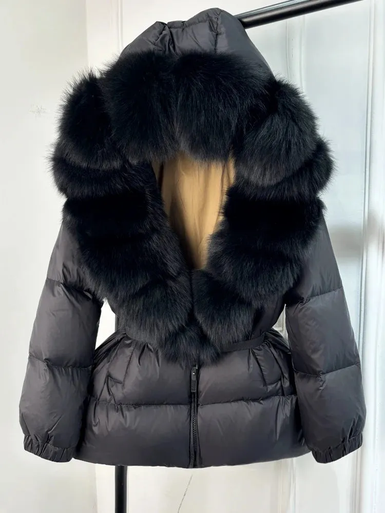 Women's Hooded Puffer Coat with Fox Fur Trim