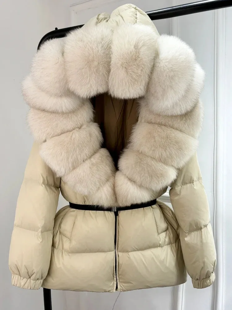 Women's Hooded Puffer Coat with Fox Fur Trim