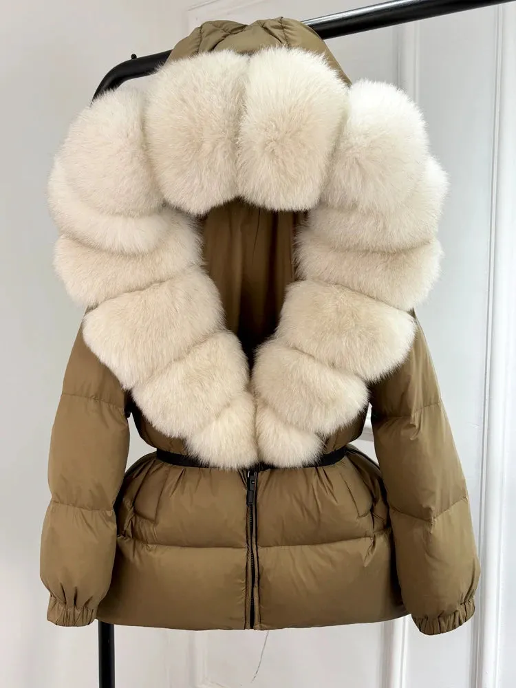 Women's Hooded Puffer Coat with Fox Fur Trim