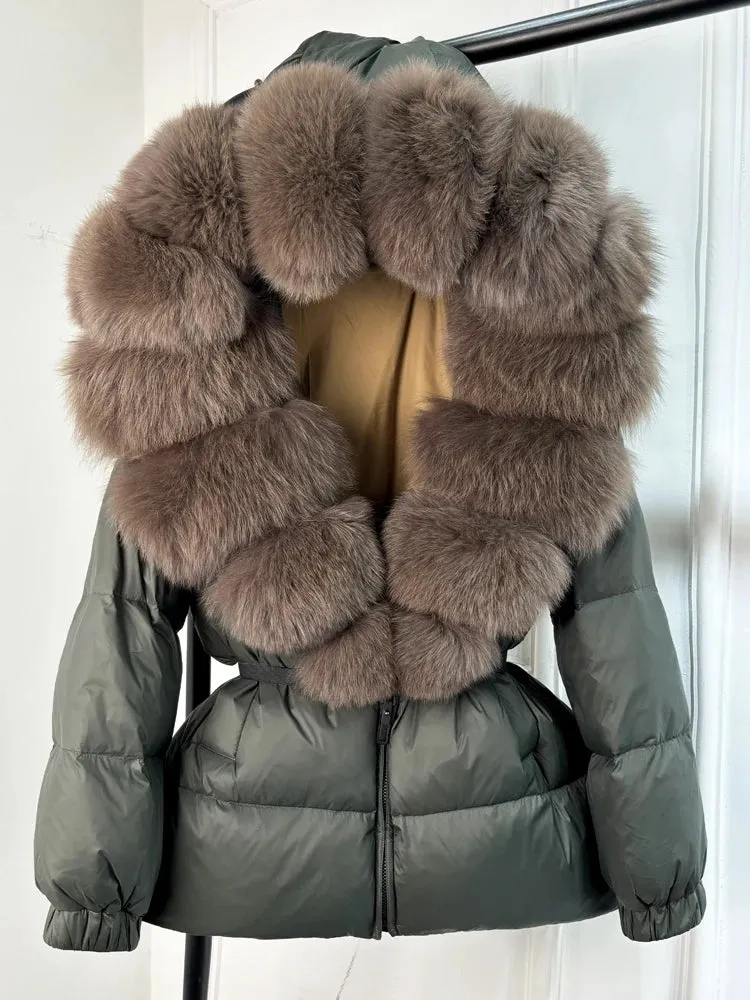 Women's Hooded Puffer Coat with Fox Fur Trim