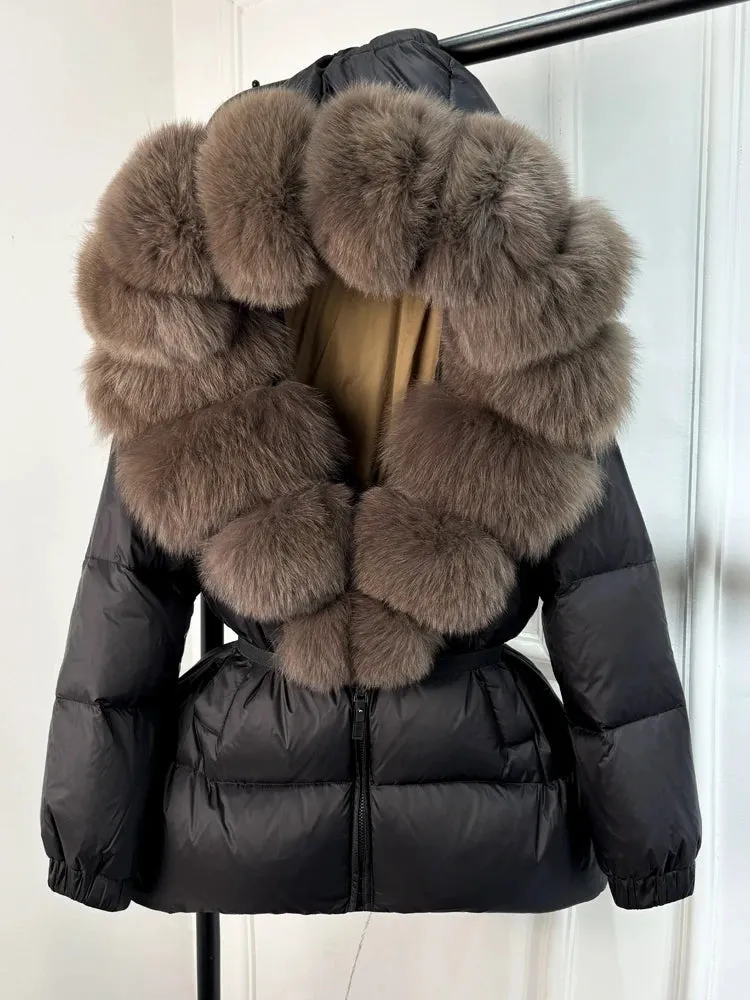 Women's Hooded Puffer Coat with Fox Fur Trim