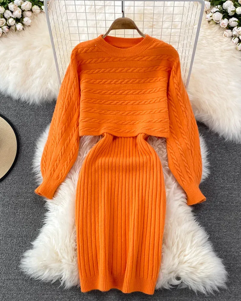 Women's Knit Sweater Dress Set Long Sleeve & Sleeveless Two-Piece