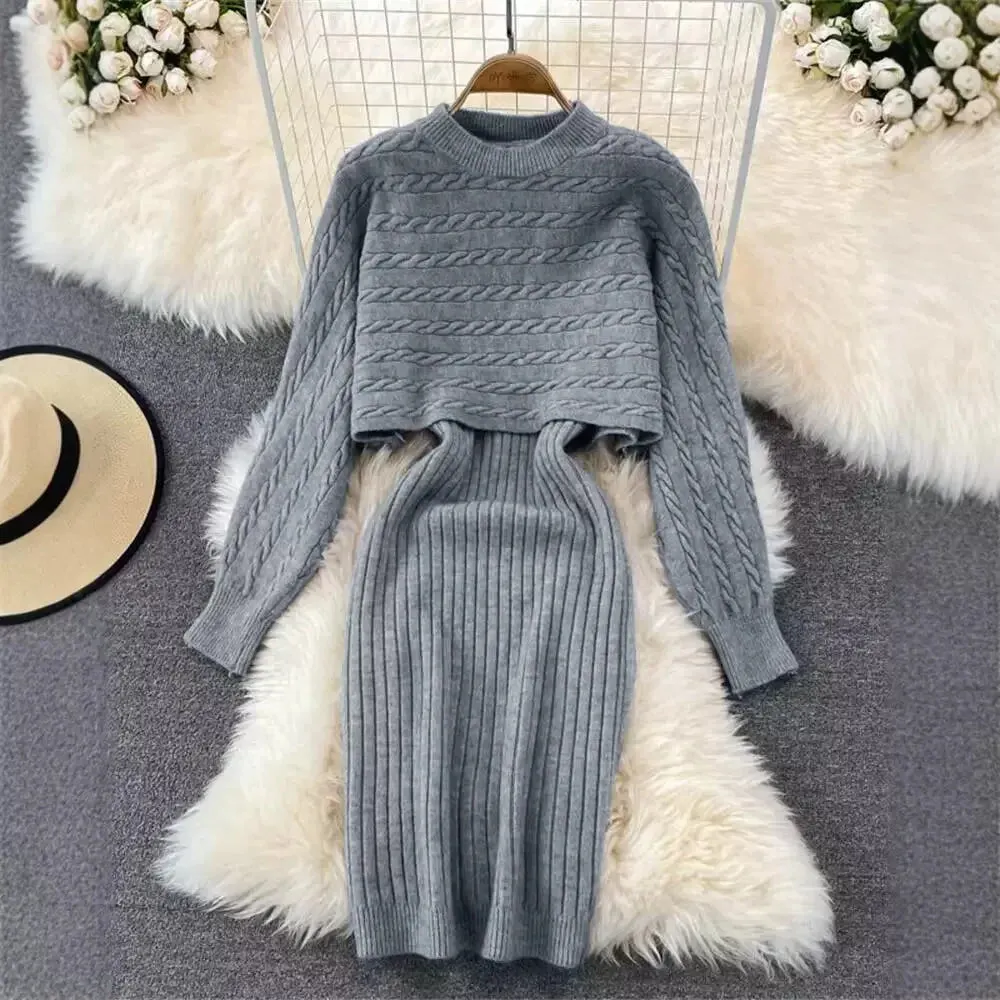 Women's Knit Sweater Dress Set Long Sleeve & Sleeveless Two-Piece