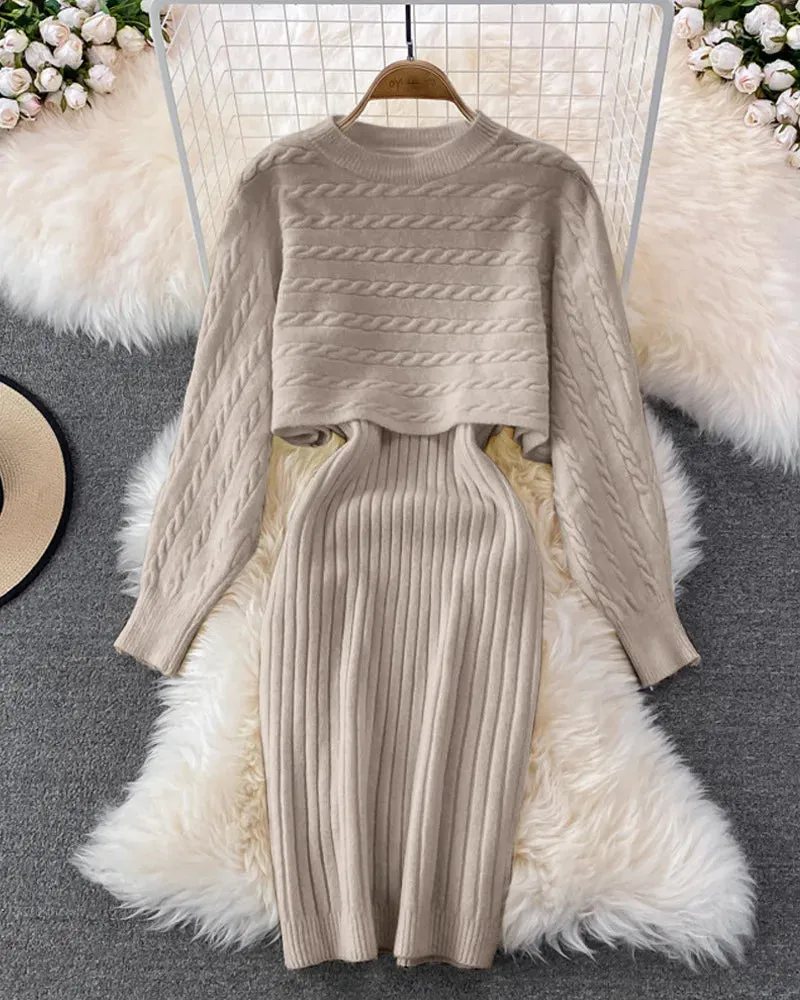 Women's Knit Sweater Dress Set Long Sleeve & Sleeveless Two-Piece