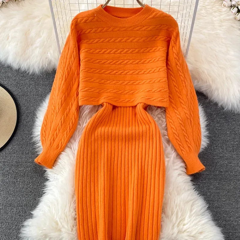 Women's Knit Sweater Dress Set Long Sleeve & Sleeveless Two-Piece