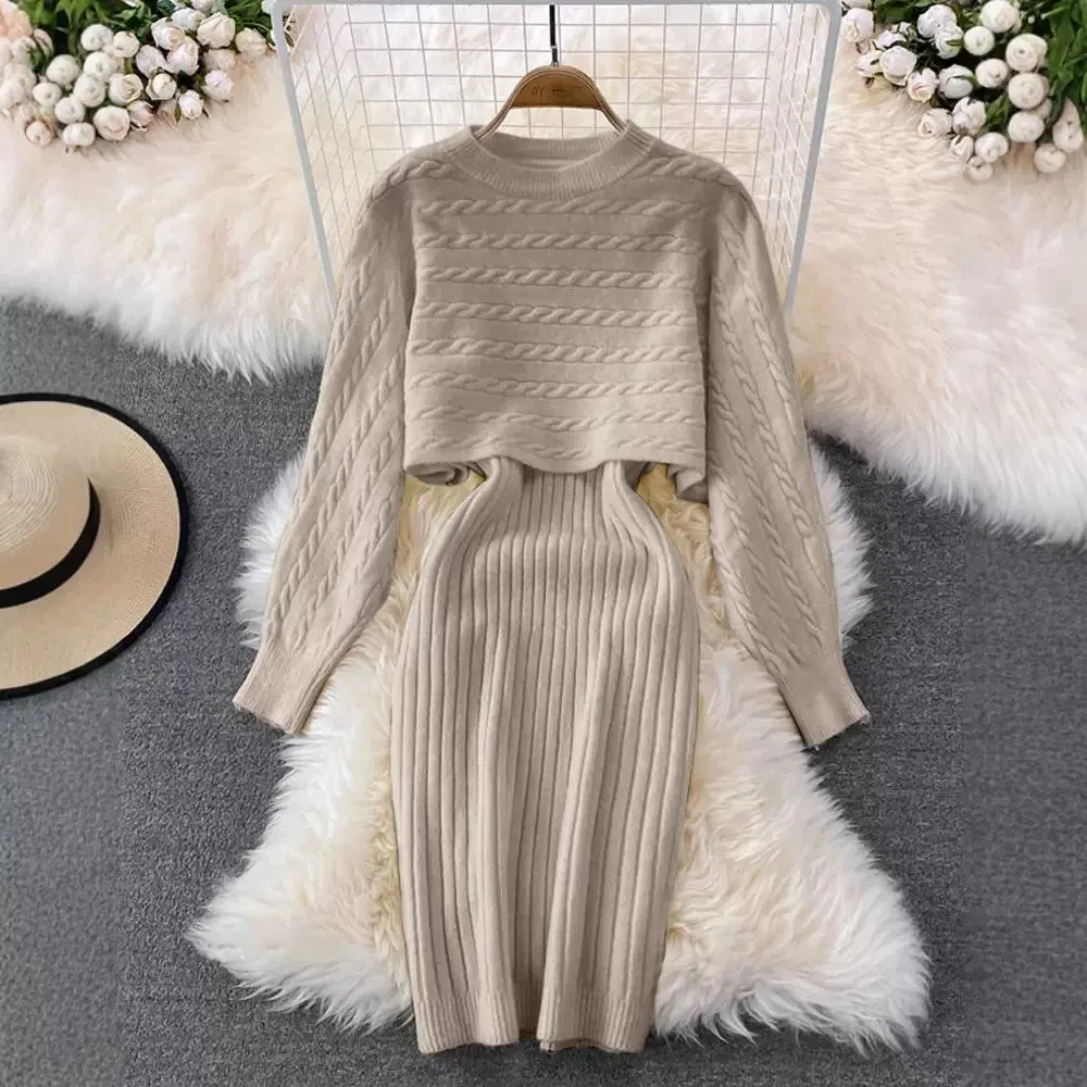 Women's Knit Sweater Dress Set Long Sleeve & Sleeveless Two-Piece