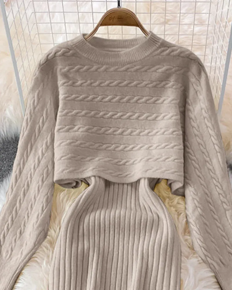 Women's Knit Sweater Dress Set Long Sleeve & Sleeveless Two-Piece