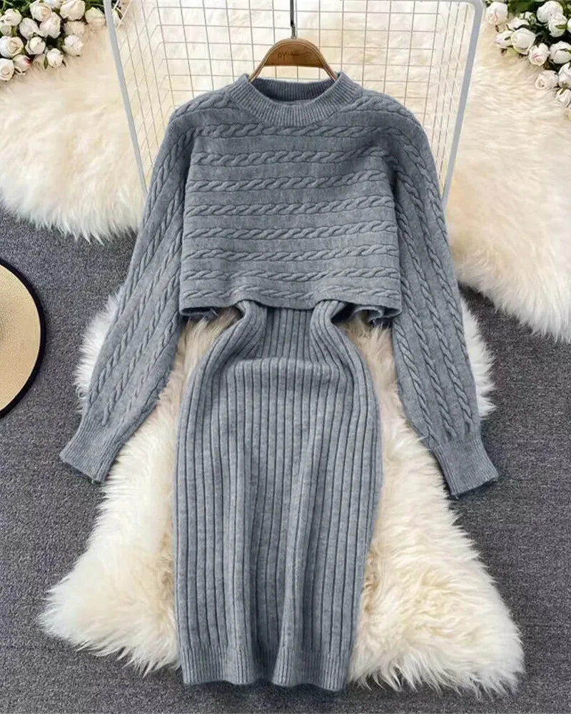 Women's Knit Sweater Dress Set Long Sleeve & Sleeveless Two-Piece