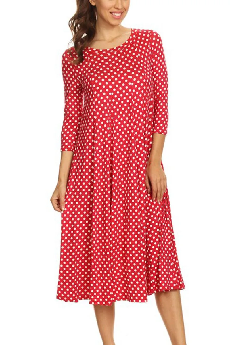 Women's Loose Fit Scoop Neck 3/4 Sleeve Polka Dot Patterned A-Line Midi Dress