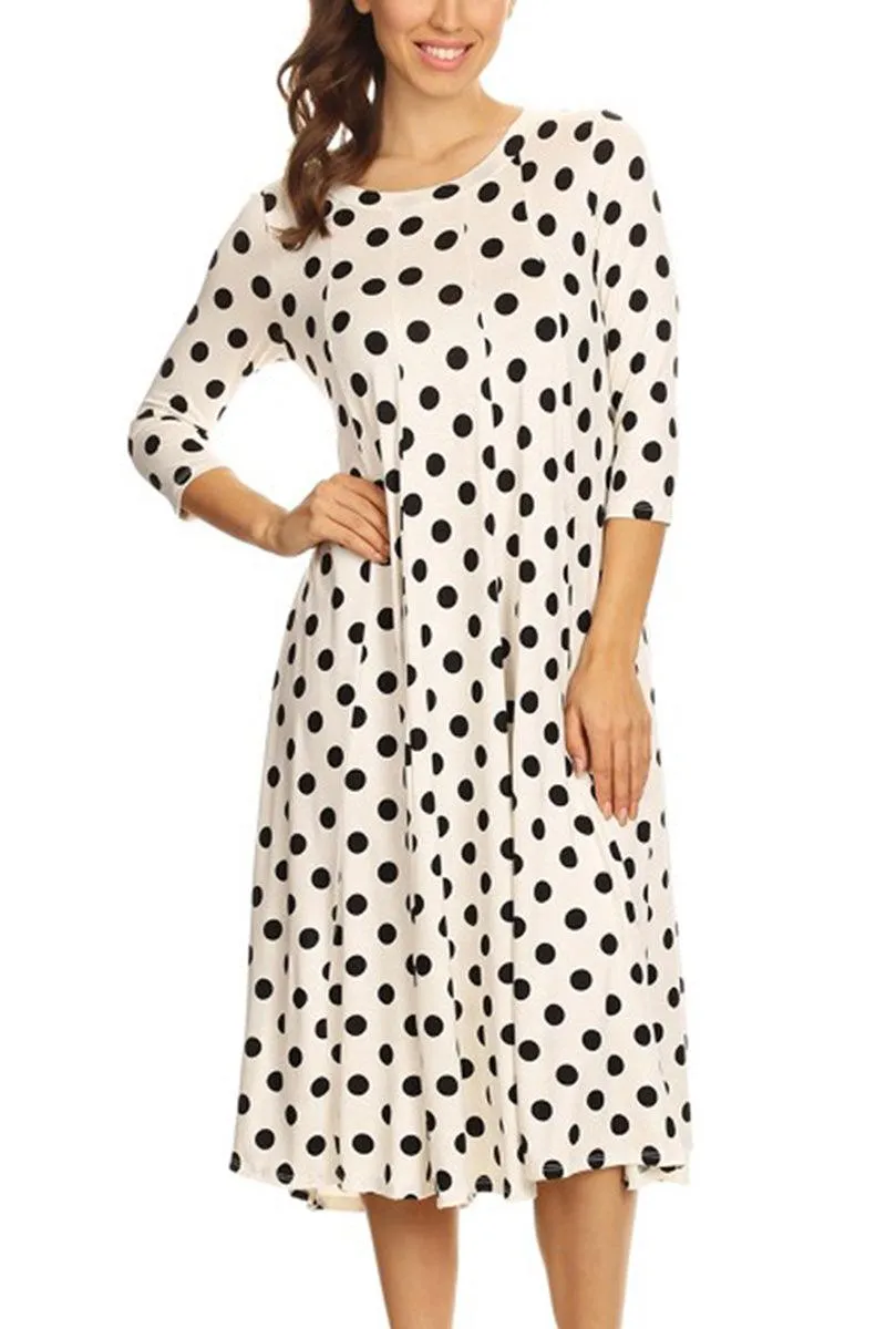 Women's Loose Fit Scoop Neck 3/4 Sleeve Polka Dot Patterned A-Line Midi Dress