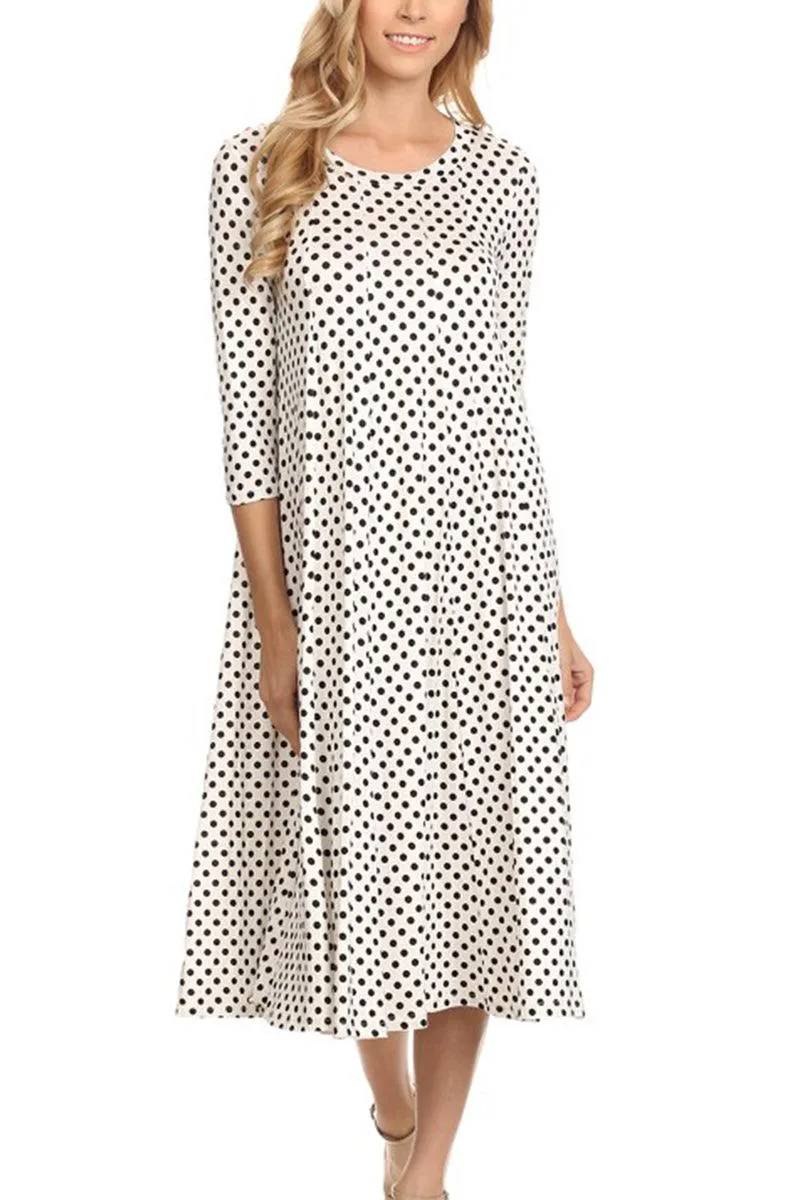 Women's Loose Fit Scoop Neck 3/4 Sleeve Polka Dot Patterned A-Line Midi Dress