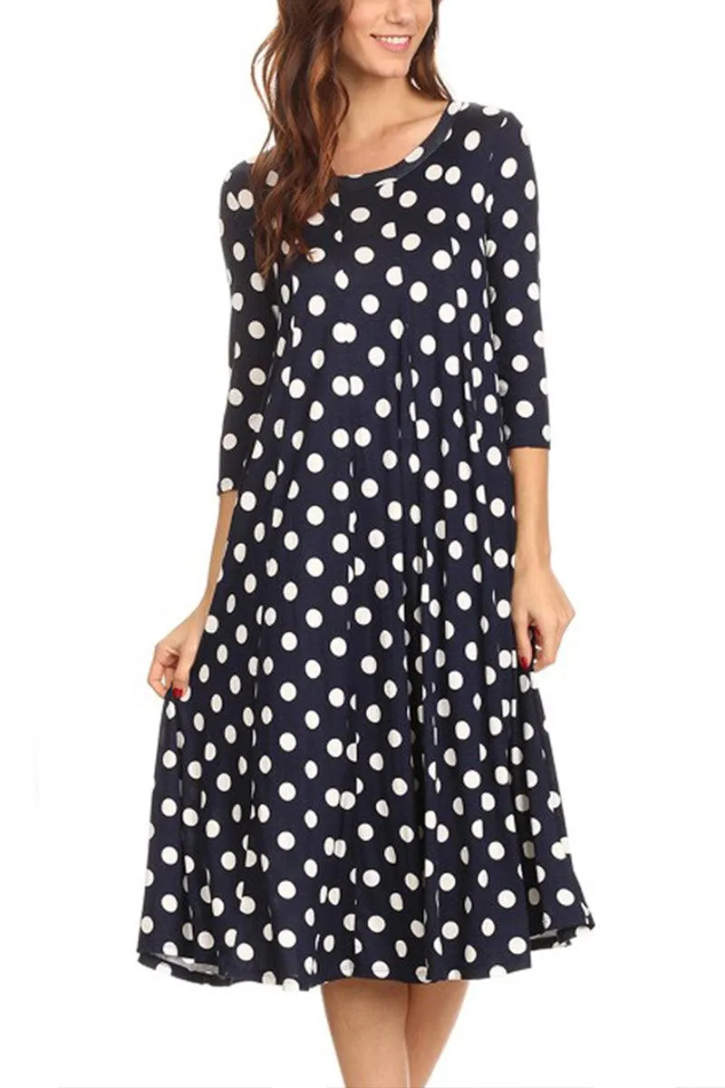 Women's Loose Fit Scoop Neck 3/4 Sleeve Polka Dot Patterned A-Line Midi Dress