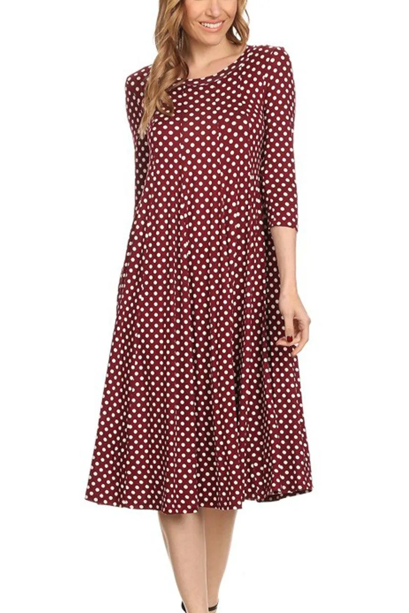 Women's Loose Fit Scoop Neck 3/4 Sleeve Polka Dot Patterned A-Line Midi Dress