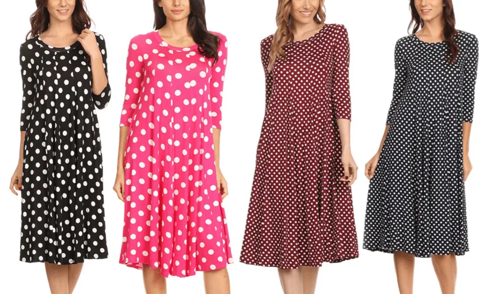 Women's Loose Fit Scoop Neck 3/4 Sleeve Polka Dot Patterned A-Line Midi Dress