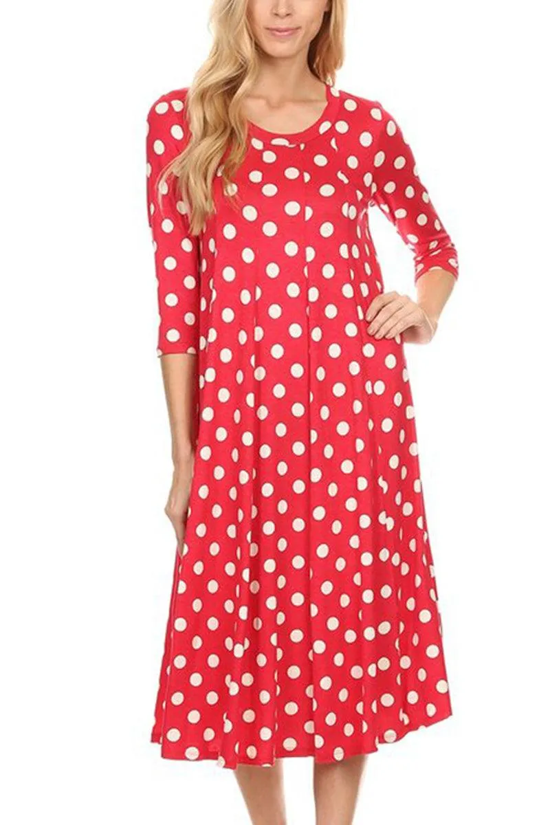 Women's Loose Fit Scoop Neck 3/4 Sleeve Polka Dot Patterned A-Line Midi Dress