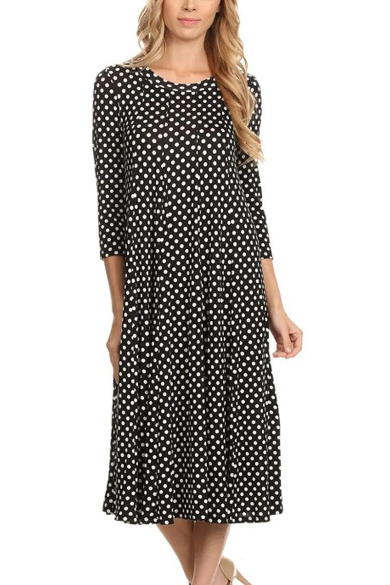 Women's Loose Fit Scoop Neck 3/4 Sleeve Polka Dot Patterned A-Line Midi Dress