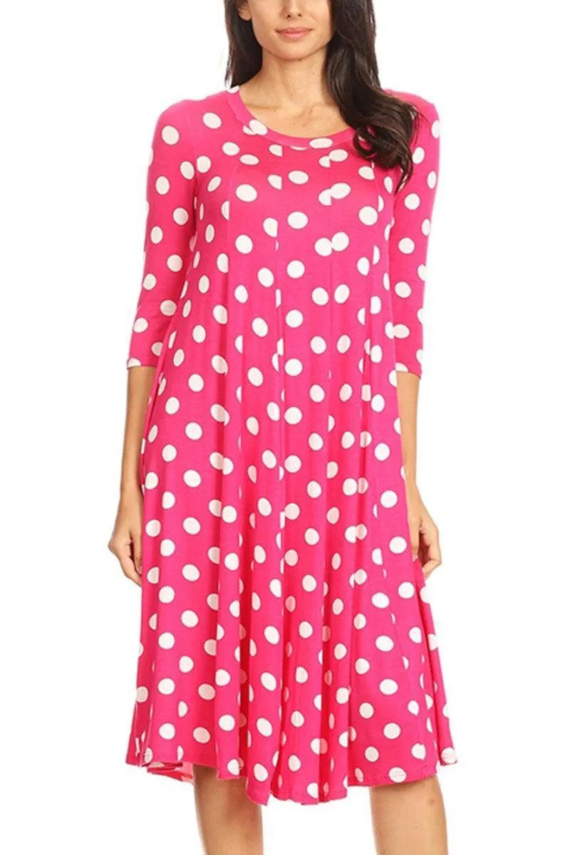 Women's Loose Fit Scoop Neck 3/4 Sleeve Polka Dot Patterned A-Line Midi Dress