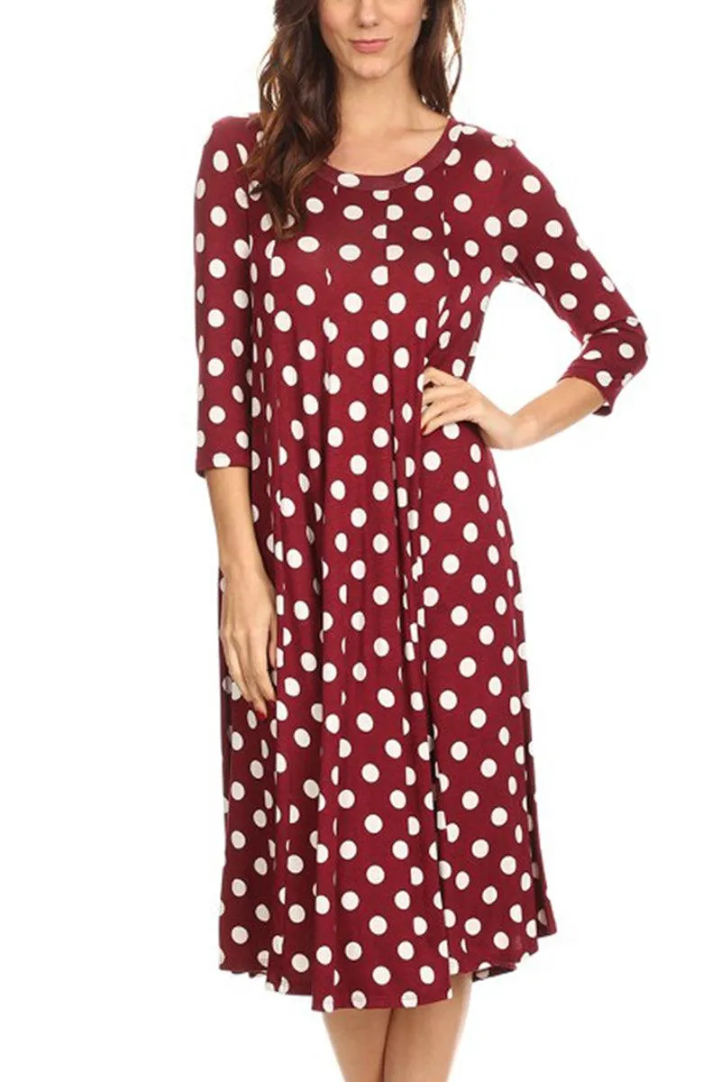 Women's Loose Fit Scoop Neck 3/4 Sleeve Polka Dot Patterned A-Line Midi Dress