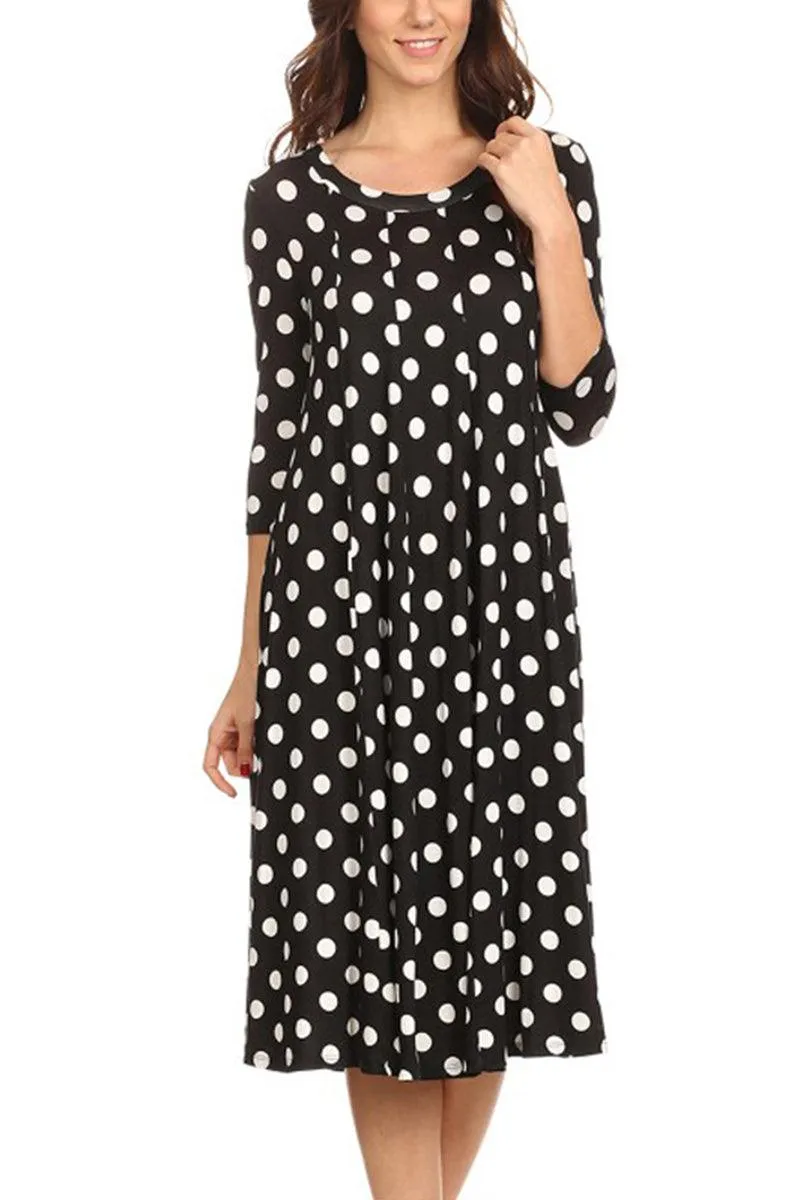 Women's Loose Fit Scoop Neck 3/4 Sleeve Polka Dot Patterned A-Line Midi Dress